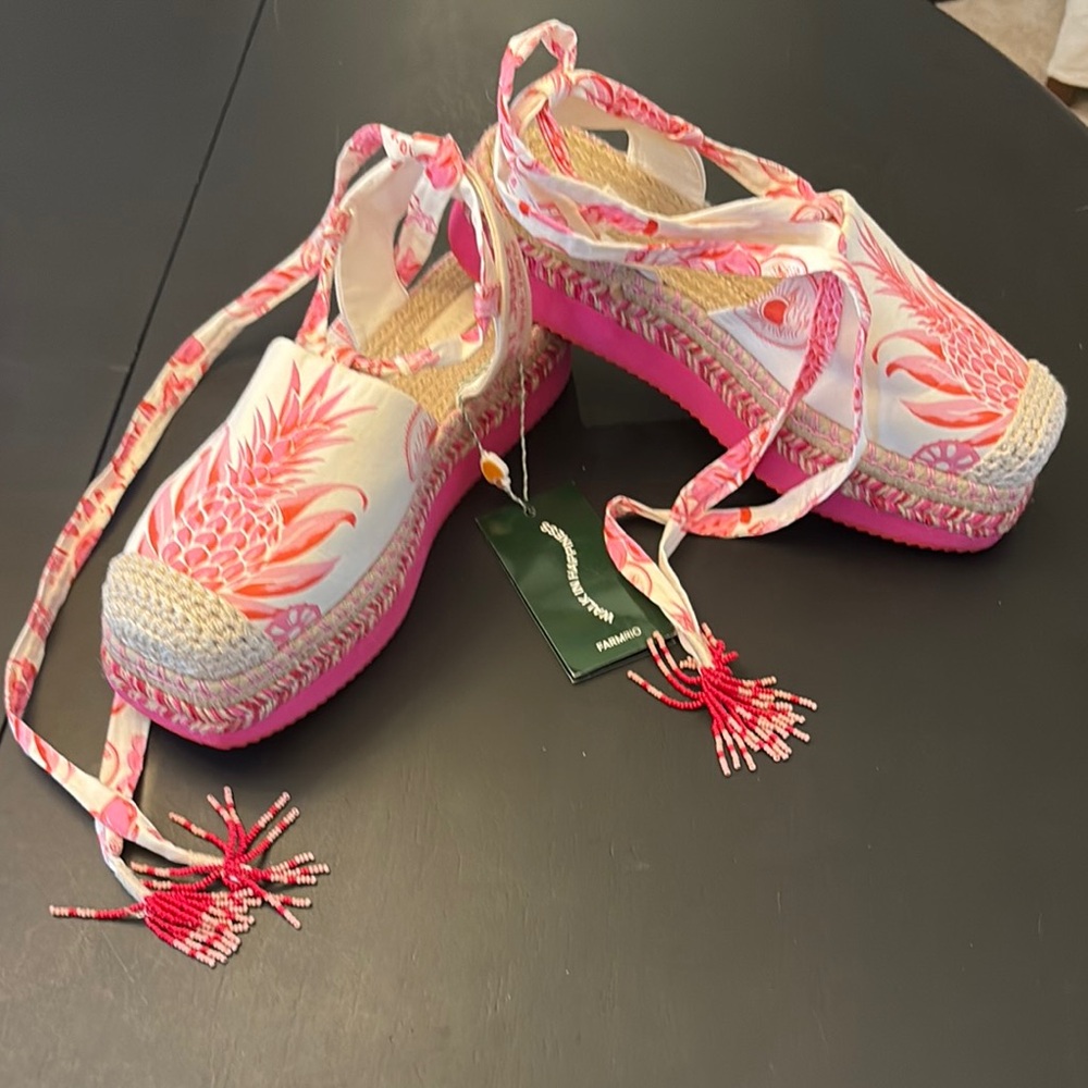 Farm Rio  Pink Espadrille Shoes with Pineapple Design and Beaded Tassel Ties.